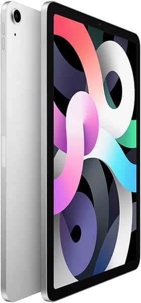 Front view of a tablet with pixelated diagonal black, white, and gray bands overlaid by colorful semi-transparent music notes.