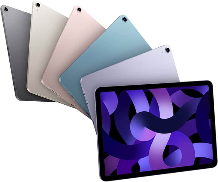 Five Apple iPad Airs fanned out, front view shows display; rear colors are gray, silver, pink, blue, and purple.