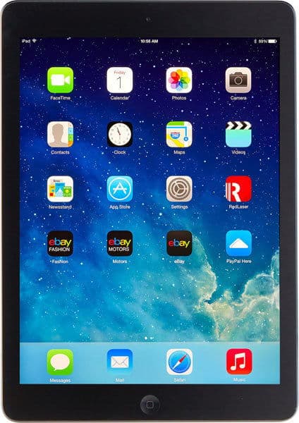 Apple iPad front view showing home screen with app icons and starry sky wallpaper, time displayed is 10:55 AM.