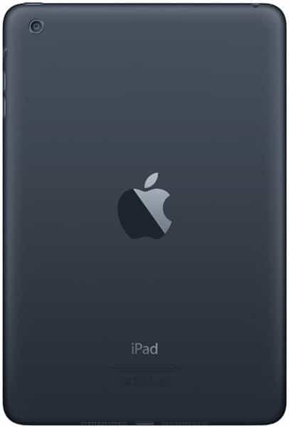 Rear view of a dark gray Apple iPad; centered Apple logo, "iPad" at bottom, camera lens at top left corner.