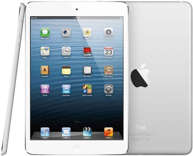 Apple iPad in silver shown front and back; home screen with app icons, Apple logo and "iPad" visible, slim design.