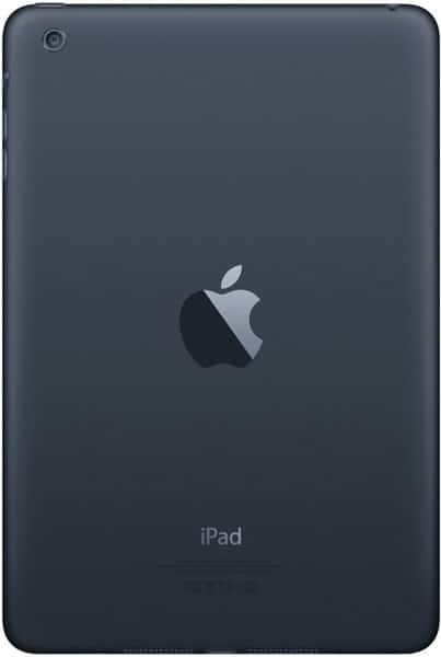 Rear view of black Apple iPad showing centered logo, “iPad” branding at bottom, and camera on top left corner.