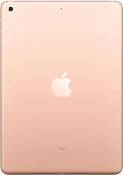 Apple iPad rear view in gold, featuring centered Apple logo, "iPad" branding at bottom, and camera in top left corner.