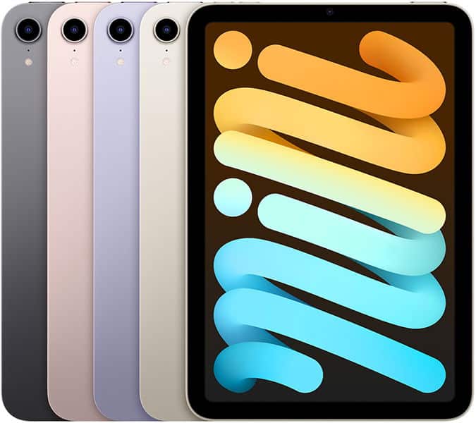 Front view of four tablets in dark gray, pink, silver, and gold; front screen shows blue and yellow abstract pattern.