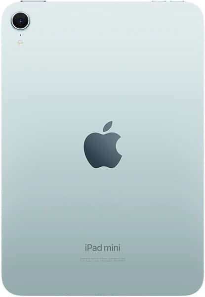 Rear view of Apple iPad mini in light color showing centered Apple logo, top-left camera, and "iPad mini" branding at bottom.