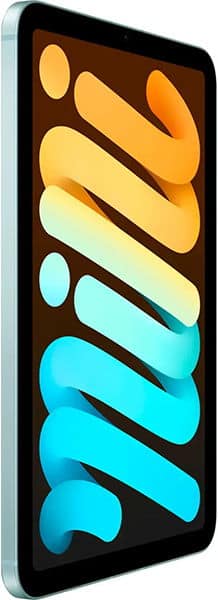 Front angled view of a tablet with black bezel, silver edges, and an abstract yellow, orange, and blue lines display on screen.