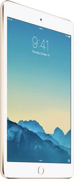 Apple iPad Air 2, gold, front view showing lock screen with time 9:41, date October 16, and mountain wallpaper.