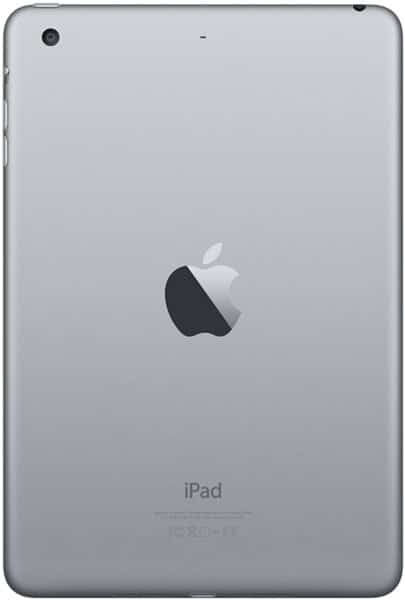 Rear view of silver Apple iPad, Apple logo centered, "iPad" at bottom, rear camera top left, side buttons visible.