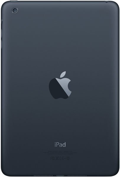 Apple iPad, rear view: dark gray finish, centered Apple logo, "iPad" text at bottom, camera lens in top left corner.