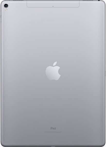 Rear view of a silver Apple iPad, with central Apple logo, "iPad" branding at the bottom, and camera plus antenna lines at the top.