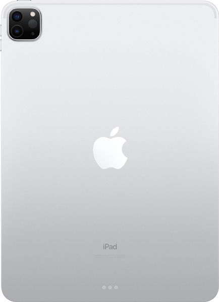 Rear close-up of Apple iPad, silver finish, showing Apple logo and "iPad" branding near the bottom; smooth reflective back.