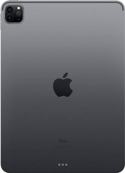 Rear view of black Apple iPad, displaying Apple logo, top corner camera, and three Smart Connector dots near the bottom.