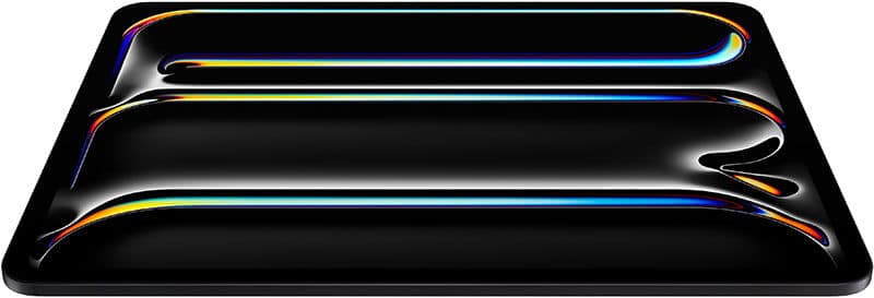 Front view of a glossy black tablet with two curved raised sections and thin iridescent edges showing blue, orange, and yellow highlights.