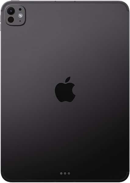 Rear view of black Apple iPad Pro showing centered Apple logo, dual camera with flash top left, and three connector dots at bottom.