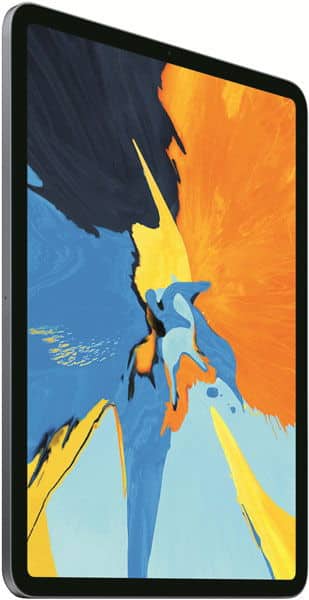 Abstract digital art with blue, orange, yellow, gray, and black shapes and pixelated lines on a tablet display; front view.