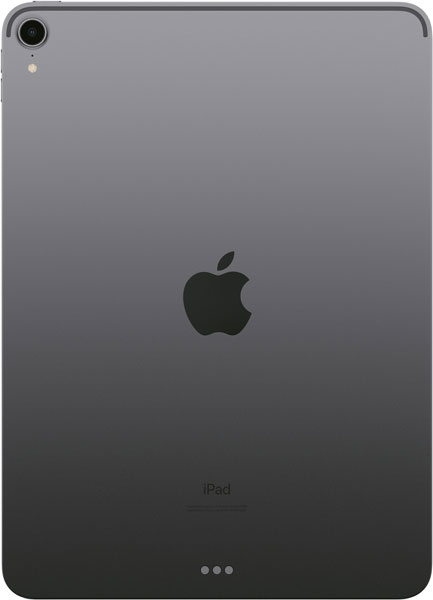 Rear view of space gray Apple iPad, Apple logo centered, camera top left, three Smart Connector dots near the bottom edge.