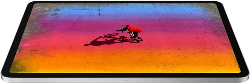 Front view of a tablet showing a vibrant cyclist graphic on a blue, orange, yellow, and pink gradient background.