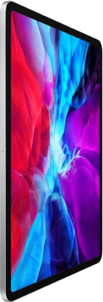 Thin silver-framed tablet, angled front view, bright abstract screen in red, blue, and purple. Brand and model not specified.