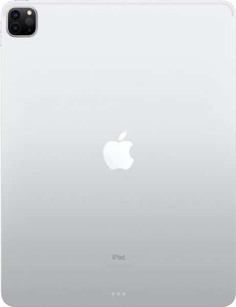 Rear view of silver Apple iPad Pro showing centered Apple logo, dual cameras in top left, and "iPad" branding at bottom.