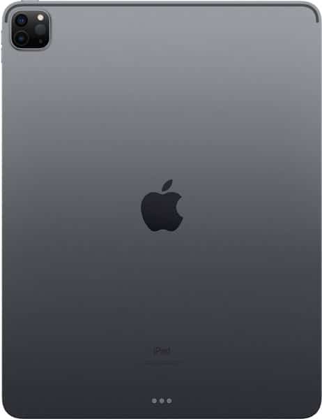 Rear view of dark gray Apple iPad Pro showing centered logo, dual rear cameras with flash, and three connector dots at bottom.