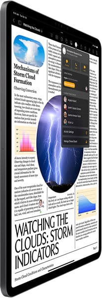 Front view of a tablet, possibly iPad, showing a weather article with charts and lightning graphics; share menu open on the right.