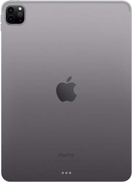 Rear view of space gray Apple iPad Pro with centered logo, dual-lens camera and flash top left, "iPad Pro" text at bottom.