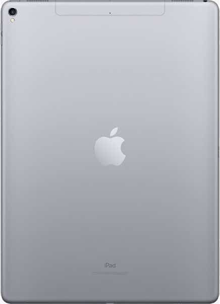Rear view of a silver Apple iPad, Apple logo centered, rear camera top left, “iPad” branding at bottom, metallic finish.
