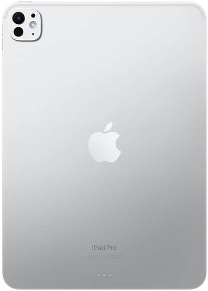 Rear view of silver Apple iPad Pro with dual-lens camera, flash, centered Apple logo, and "iPad Pro" label near the bottom.