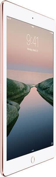 Apple iPad (rose gold, white bezel), front view, shows landscape wallpaper with home button, time 9:41, date March 21.