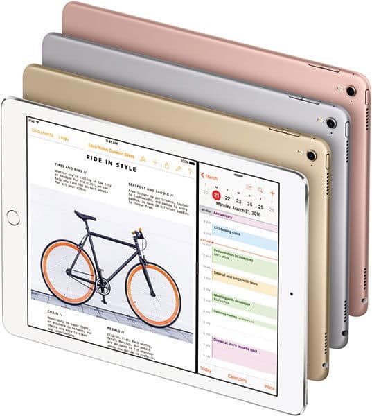 Apple iPad (various colors) stacked in a fanned-out view; front screen shows split-view with bike photo and calendar.