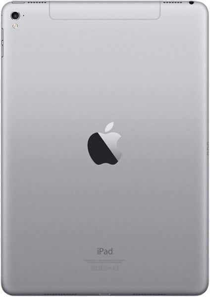 Apple iPad rear view in silver with centered Apple logo, "iPad" branding at the bottom, and camera on the top left corner.