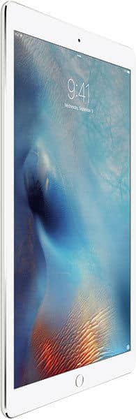 Apple iPad front view in white with thin bezels, top front camera, round home button, and abstract blue-orange wallpaper at 9:41.