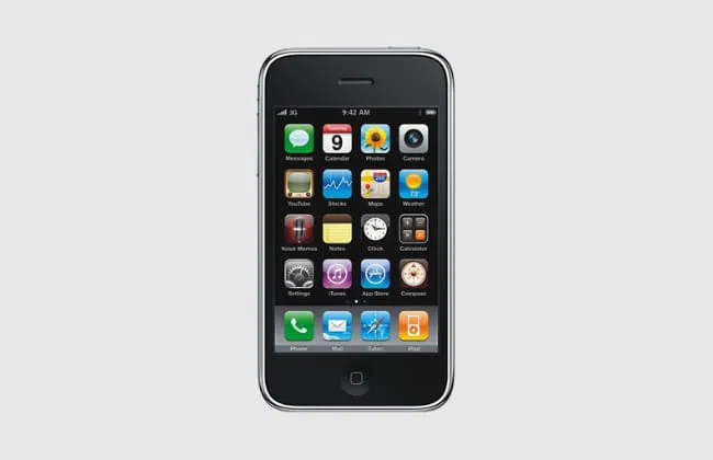 Front view of a black Apple iPhone showing colorful app icons on the home screen against a plain light gray background.