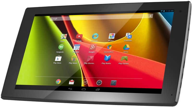 Front view of a black tablet showing home screen with Google apps and colorful wallpaper; brand and model unspecified.