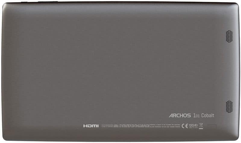 Rear view of gray Archos 101 Cobalt tablet with branding, HDMI label, and dual speaker grilles on the right side.
