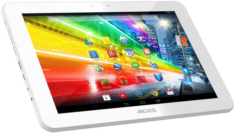 Archos tablet, front angled view, white casing, home screen with app icons and vibrant city lights background displayed.