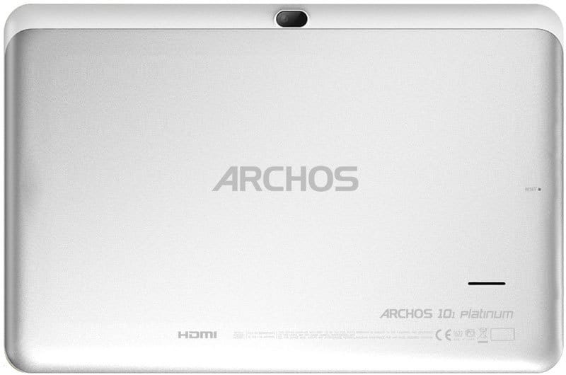 Rear view of silver ARCHOS 101 Platinum tablet with top-center rear camera and branding including model name near the bottom.