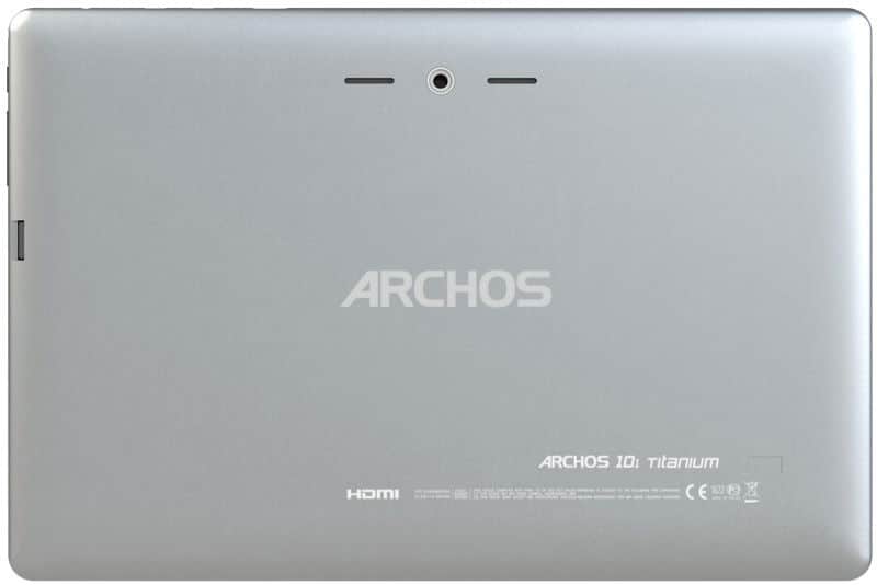 Rear view of Archos 10.1 Titanium tablet with centered camera, ARCHOS logo, and model details near the bottom edge.