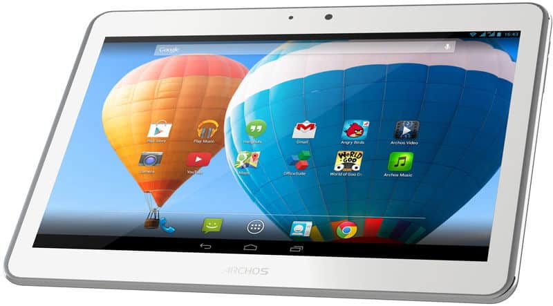 Front view of white Archos tablet showing home screen apps like Gmail, Play Music, and Angry Birds with hot air balloons wallpaper.