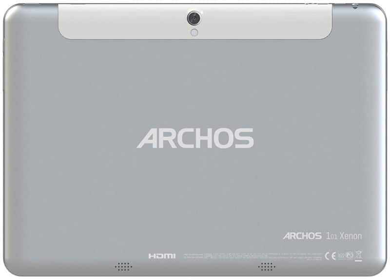 Rear view of silver Archos 101 Xenon tablet with top rear camera, central ARCHOS logo, and HDMI branding at the bottom.