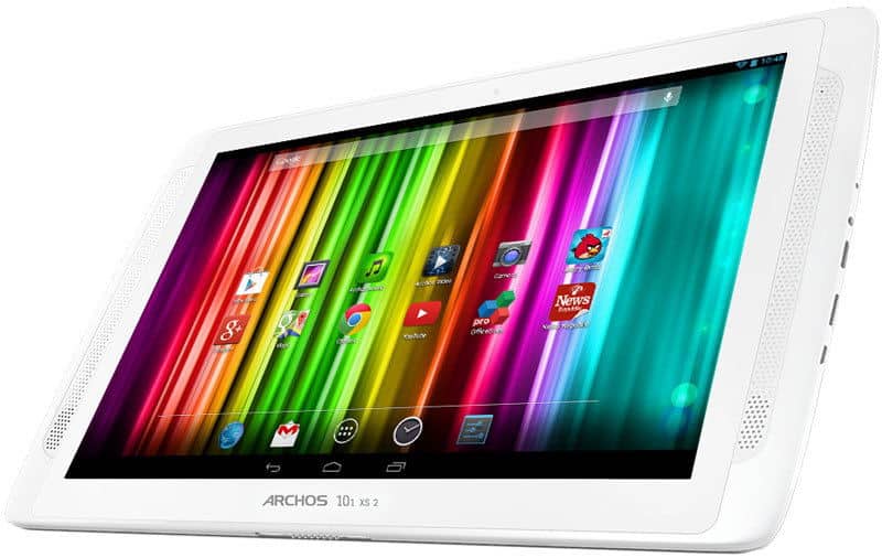 Archos tablet, white model, front angled view showing colorful striped wallpaper and home screen with YouTube, Google+, Angry Birds.