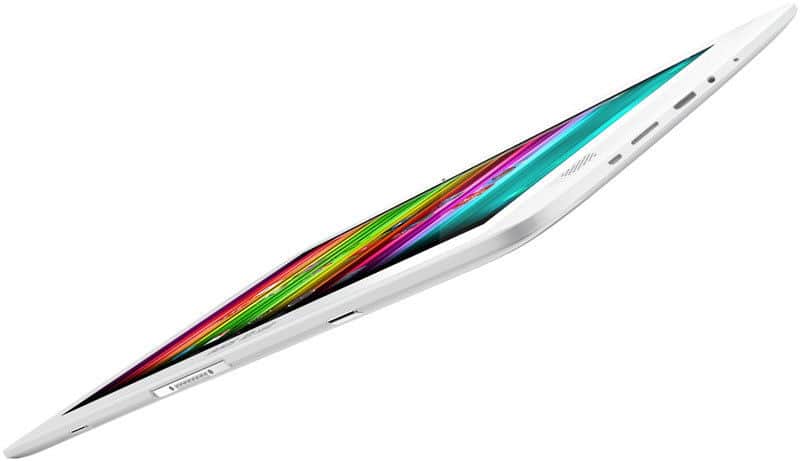 Side view of a slim, white tablet (brand/model unspecified), thin profile, vibrant screen, ports and buttons along the edge.