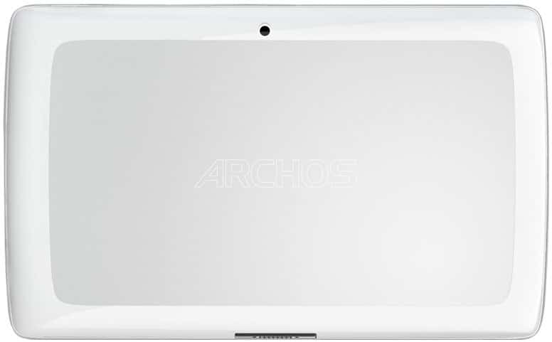 ARCHOS tablet rear view showing faint branding, top center camera, and connection pins along the bottom edge.