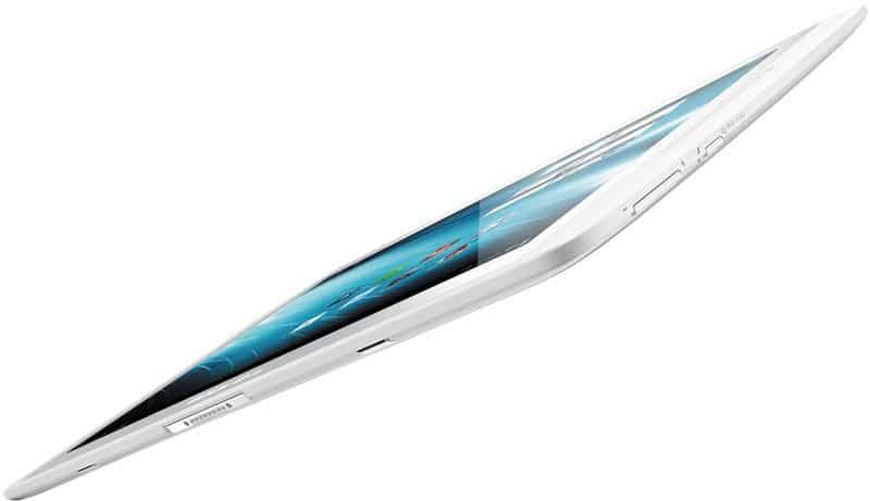 White tablet (brand/model unspecified) in a side view, screen on with visible display, slight bend visible; plain white background.