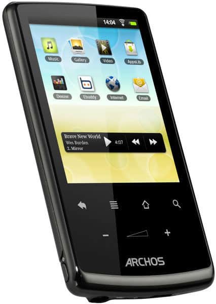 Front view of black Archos media player showing touchscreen with app icons and "Brave New World" by Wes Burden playing.