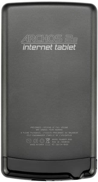 Rear view of black Archos 28 tablet with product branding, safety labels, certification icons, and country of manufacture.