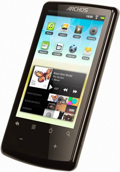 Front view of black Archos tablet showing home screen app icons and music player with "Brave New World" by Wes Burden.