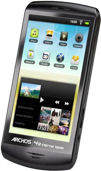 Archos 43 tablet, front view showing touchscreen with app icons and media player; right-side buttons also visible.