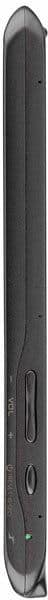 Black remote control with oval buttons and indicator light, front view