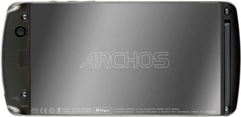 Rear close-up of Archos tablet showing metallic finish, large ARCHOS logo, side ports, and product info at bottom.